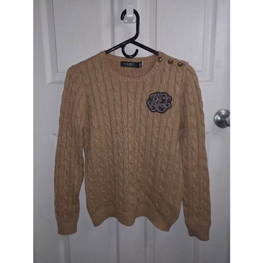 Lauren Ralph Lauren Cable Knit Camel Crest Sweater Size Small Equestrian Preppy